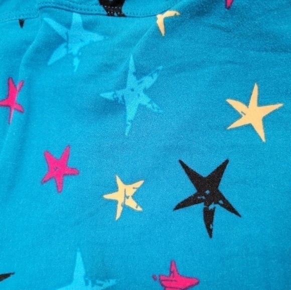 LuLaRoe☆ Turquoise OS Legging Black Yellow Blue Pink Star Poly/Spandex Print EUC - Picture 4 of 6